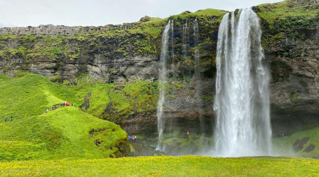 green grassland and waterfall